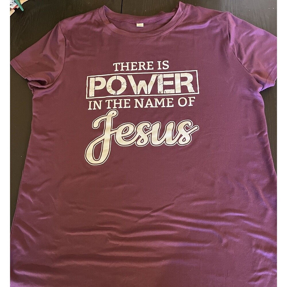 Woman’s T-shirt:” There Is Power In Jesus” Purple Medium Short Sleeve
